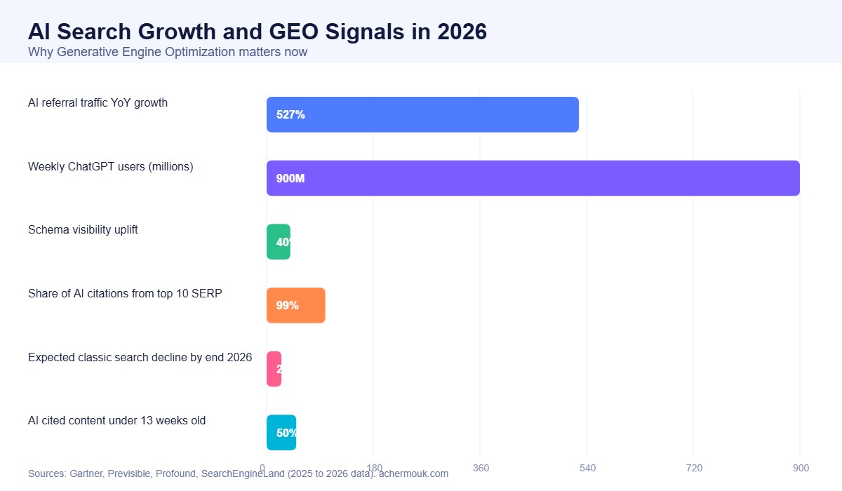 Chart showing AI search growth, ChatGPT weekly users, schema visibility uplift, AI citation overlap with organic top 10, and expected classic search decline in 2026
