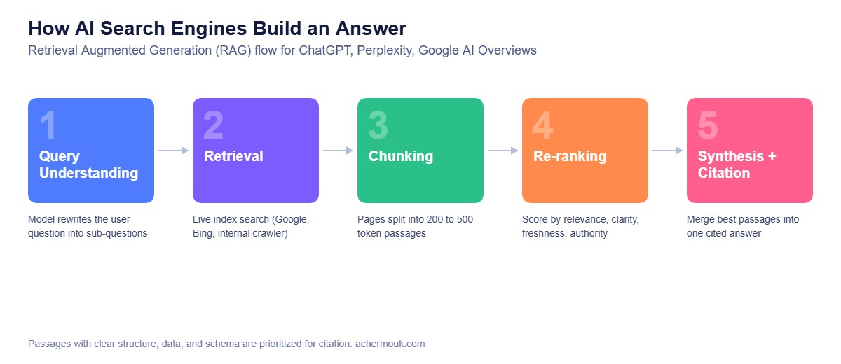Diagram of the Retrieval Augmented Generation flow used by ChatGPT, Perplexity and Google AI Overviews: query understanding, retrieval, chunking, re-ranking, and synthesis with citation